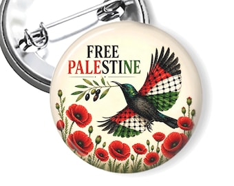 Free Palestine Pin | Palestinian Solidarity Button | Protest Pin with Palestine Bird & Poppies | Human Rights Button B395