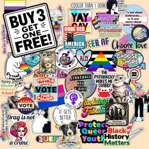 The image is a collage of various stickers, symbols, and text related to LGBTQ+ and social justice themes.