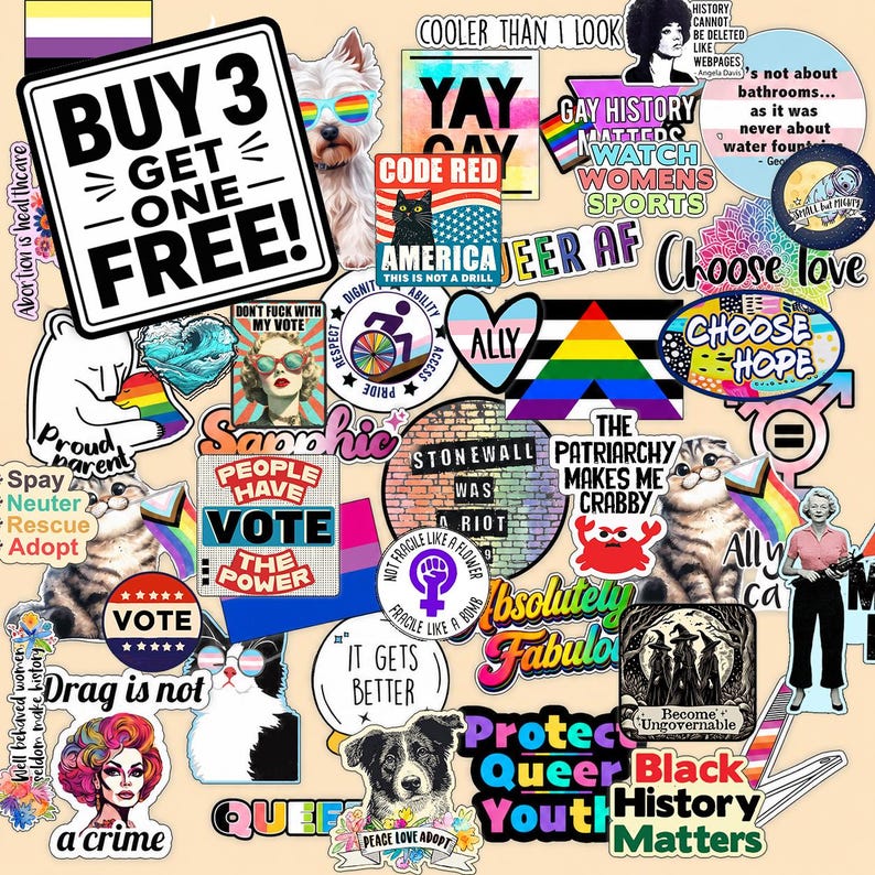 The image is a collage of various stickers, symbols, and text related to LGBTQ+ and social justice themes.