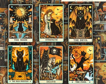 Black Cat Tarot Card Sticker Set of 6, Gothic Witchy Cat Sticker Collection, Halloween Tarot Set, Black Cat Gift