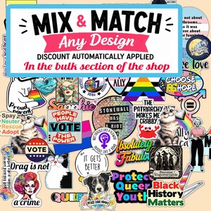 The image is a collage of various stickers and graphics related to LGBTQ+ and social justice themes, including slogans, symbols, and images.