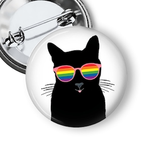 LGBTQ Pin Pinback Button Adorable Black Cat Shorthair with Rainbow Glasses B115