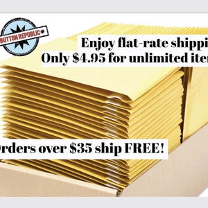a cardboard box filled with yellow envelopes, with text promoting flat-rate shipping and free shipping for orders over $35.
