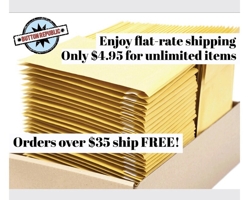 a cardboard box filled with yellow envelopes, with text promoting flat-rate shipping and free shipping for orders over $35.