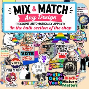 The image is a collage of various stickers and graphics related to LGBTQ+ and social justice themes, including slogans, symbols, and images.