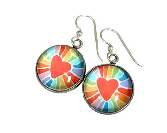 Heart Earrings, Colorful Dangle Heart Earrings Hypoallergenic or Sterling Silver Earwires