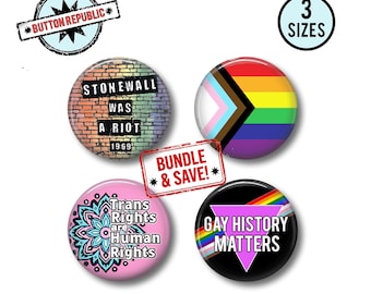 Conjunto de pines del Orgullo LGBTQ / Paquete de botones de los derechos trans / Pines de la historia gay / Botón de los disturbios de Stonewall / Paquete del Orgullo / Botones o imanes de activistas