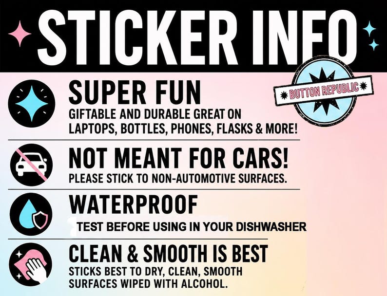 a sticker with information about the sticker's features, including waterproofing, non-automatic surfaces, and cleanliness.
