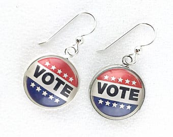 Vote Earrings: Patriotic Dangle Earrings with Sterling Silver Wires