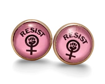 Feminist Resist Stud Earrings: Stainless Steel Bezel, Raised Fist Symbol