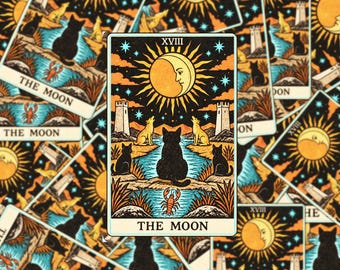 The Moon Black Cat Tarot Sticker, Witchy Cat Halloween Sticker, Mystic Tarot Card Art S202