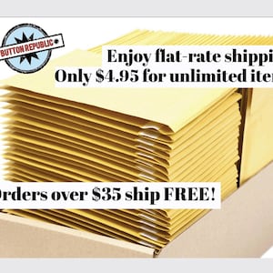a cardboard box filled with yellow envelopes, with text promoting flat-rate shipping and free shipping for orders over $35.