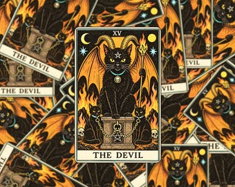 Halloween Sticker, Devil Black Cat Tarot Sticker, Spooky Witchy Tarot Art, Black Cat Gift S215