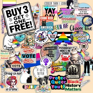 The image is a collage of various stickers, symbols, and text related to LGBTQ+ and social justice themes.