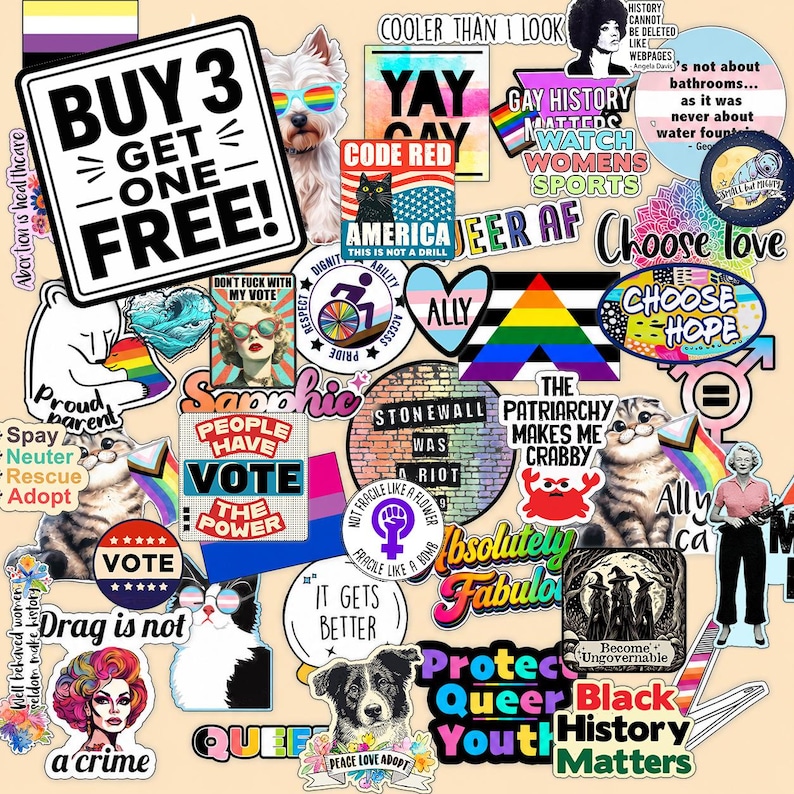 The image is a collage of various stickers, symbols, and text related to LGBTQ+ and social justice themes.