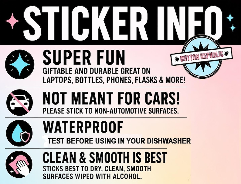 a sticker with information about the sticker's features, including waterproofing, non-automatic surfaces, and cleanliness.