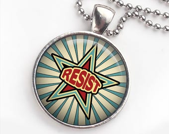 Resist Pendant Necklace | Political Activist Jewelry |Retro Protest Necklace | Progressive Gift | Resistance Jewelry