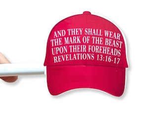 Pegatina de gorra roja, calcomanía con versículo bíblico Apocalipsis 13:16-17, pegatina satírica anti-MAGA, humor político