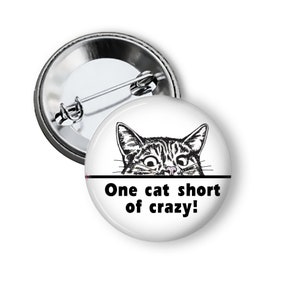One Cat Short of Crazy Pin Pinback Button For Cat Lovers B68