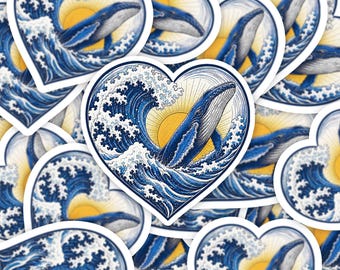 Pegatina Corazón Oceánico, Calcomanía de Ballena y Ola del Océano, Regalo para Amantes de las Ballenas, Regalo Oceánico S2