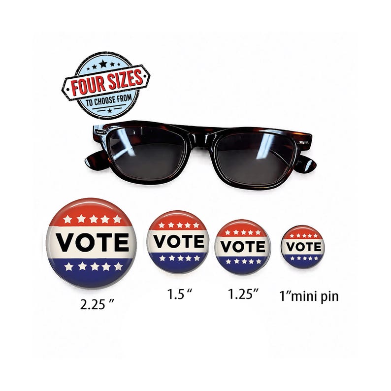 a pair of sunglasses and four identical buttons with the word "VOTE" printed on them, along with size measurements.