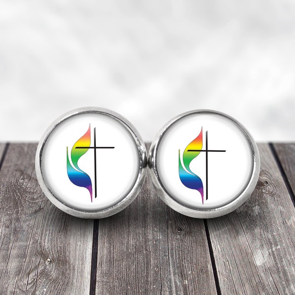 United Methodist Cross with Rainbow Stud Earrings LGBTQ Ally Gay Pride Flag Post Earrings
