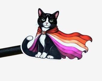 Lesbian Flag Sticker, Tuxedo Cat with Lesbian Flag Cape,  LGBTQ Cat Lover Gift S4