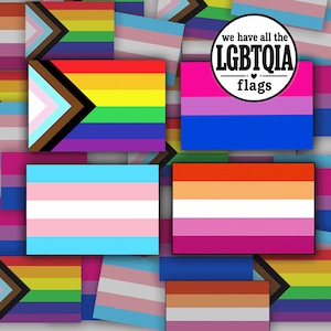 May include: A collage of various LGBTQIA pride flags featuring a progress pride flag, a bisexual flag, a transgender flag, and a lesbian flag. A circular white badge with black text reads we have all the LGBTQIA flags with a small heart icon.