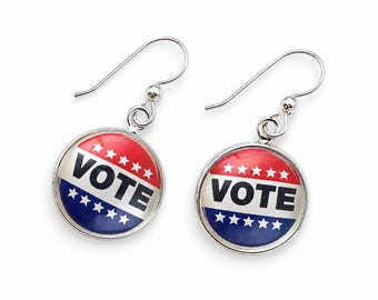 Vote Earrings: Patriotic Dangle Earrings with Sterling Silver Wires
