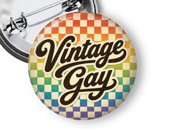 Vintage Gay Pin,  LGBTQ Pride Button or Magnet, Retro Style Rainbow Checkerboard, Queer Gift B312