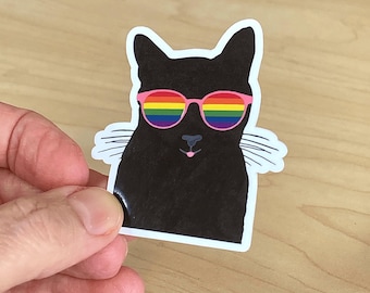 Cute Black Cat With Rainbow Glasses LGBTQ Gay Pride Flag Sticker S15
