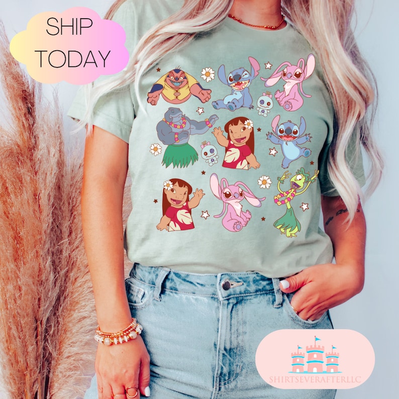 May include: A light green t-shirt with a variety of cartoon characters from the Disney movie Lilo & Stitch. The characters include Stitch, Angel, Jumba, and others. The shirt has the text "SHIP TODAY" on a pink cloud in the top left corner.