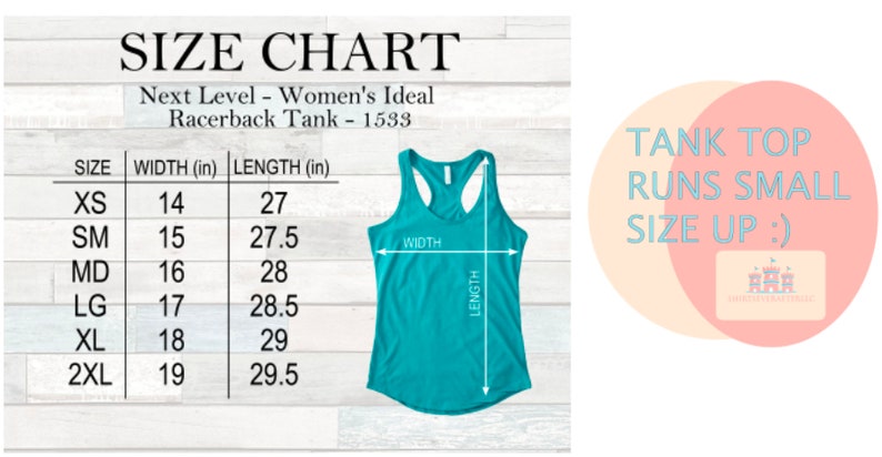 Puede incluir: Tabla de tallas para un top de tirantes con espalda nadadora. La tabla muestra el ancho y la longitud en pulgadas para las tallas XS a 2XL. El top es azul turquesa y tiene un estilo de espalda nadadora. El texto "TANK TOP RUNS SMALL SIZE UP :)" est&aacute; escrito en un c&iacute;rculo.