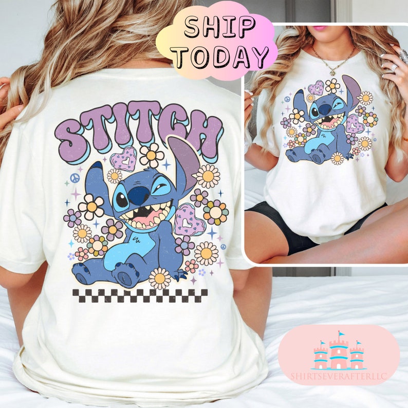 May include: White t-shirt with a blue Stitch character from Lilo & Stitch surrounded by flowers and the word "STITCH" in purple letters. The shirt has a checkered pattern at the bottom.