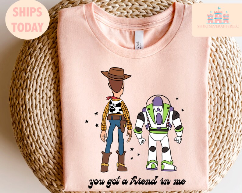 May include: Pink t-shirt featuring a cartoon image of Woody and Buzz Lightyear from Toy Story. The text "you got a friend in me" is printed below the characters.