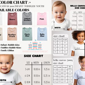 May include: A colour chart for Bella Canvas 3001 infant, toddler, and youth t-shirts. Available colours include white, mauve, athletic heather, pink, natural, heather peach, dusty blue, and baby blue. Size charts are also included.