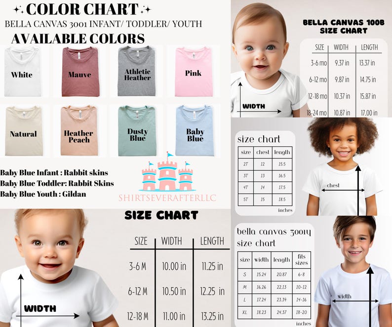 May include: A colour chart for Bella Canvas 3001 infant, toddler, and youth t-shirts. Available colours include white, mauve, athletic heather, pink, natural, heather peach, dusty blue, and baby blue. Size charts are also included.