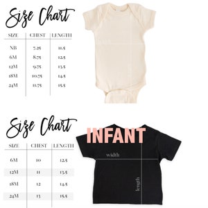 Puede incluir: Tabla de tallas para ropa de beb&eacute;. La tabla muestra la talla, la medida del pecho en pulgadas y la longitud en pulgadas para un body y una camiseta. El body es blanco y la camiseta es negra.