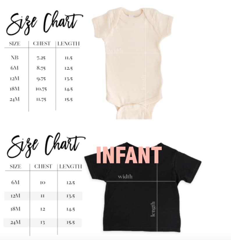 Puede incluir: Tabla de tallas para ropa de beb&eacute;. La tabla muestra la talla, la medida del pecho en pulgadas y la longitud en pulgadas para un body y una camiseta. El body es blanco y la camiseta es negra.