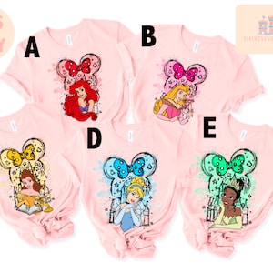 Disney Princess Belle, Tiana, Elsa, Anna, Jasmine, Ariel, Aurora, Rapunzel, Snow white, Merida, Cinderella, Mulan, Disney Minnie ears top