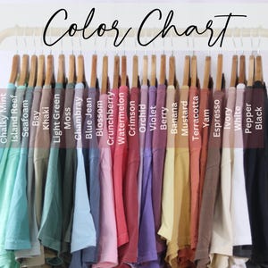May include: A color chart displays a variety of t-shirts in different colors, including Chalky Mint, Island Reef, Seafoam, Bay, Khaki, and more. The shirts are hanging on wooden hangers on a gold rack. The text "Color Chart" is at the top.