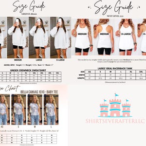 May include: Image showing size guides for various apparel, including crewneck sweatshirts, racerback tanks, and baby tees. The charts provide measurements in inches. The image also features models wearing the clothing. The brand logo is visible.