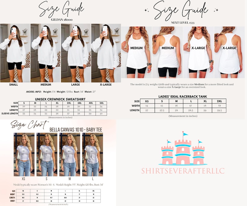 May include: Image showing size guides for various apparel, including crewneck sweatshirts, racerback tanks, and baby tees. The charts provide measurements in inches. The image also features models wearing the clothing. The brand logo is visible.