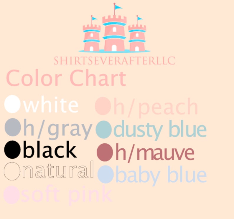 Puede incluir: Carta de colores con un gr&aacute;fico de castillo en la parte superior. La carta muestra 10 colores diferentes con sus nombres: blanco, h/melocot&oacute;n, h/gris, azul polvoriento, negro, h/malva, natural, azul beb&eacute; y rosa suave.