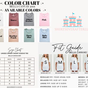 May include: A colour chart shows t-shirt colours: white, mauve, athletic heather, pink, natural, heather peach, dusty blue, and baby blue. A size chart and fit guide are included, with measurements in inches for a unisex jersey short sleeve tee.