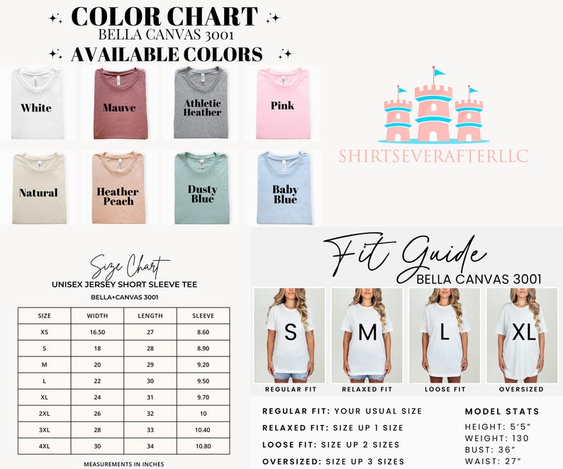 May include: A colour chart shows t-shirt colours: white, mauve, athletic heather, pink, natural, heather peach, dusty blue, and baby blue. A size chart and fit guide are included, with measurements in inches for a unisex jersey short sleeve tee.