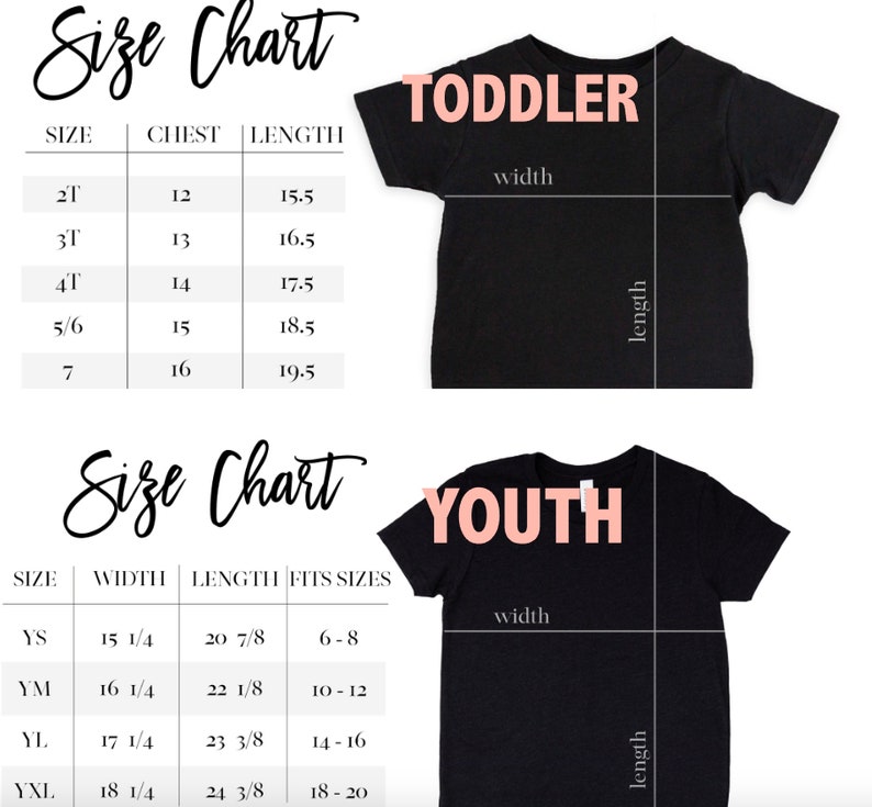 Puede incluir: Tabla de tallas para camisetas de ni&ntilde;os peque&ntilde;os y j&oacute;venes. La tabla muestra la talla, el pecho, la longitud, el ancho y las tallas que se ajustan a cada camiseta. La tabla est&aacute; en pulgadas.