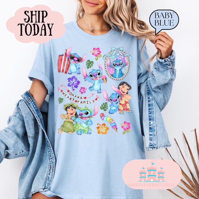 May include: Light blue t-shirt with a colorful print of Stitch characters from the Disney movie Lilo & Stitch. The shirt features Stitch in various poses, including holding an ice cream cone, wearing sunglasses, and hugging a friend. The text "Ohana means family" is also included in the print.