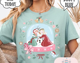 Coquette Disney Frozen Globe Christmas Shirt, Disney Elsa and Anna Princess Xmas Tee, Santa Olaf, Magic Kingdom Disneyland Xmas Family Trip