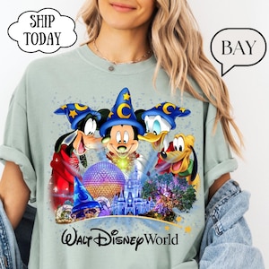 May include: A light green t-shirt featuring Mickey Mouse, Donald Duck, Goofy, and Pluto wearing wizard hats. The graphic includes a castle, a sphere, and the words "Walt Disney World".